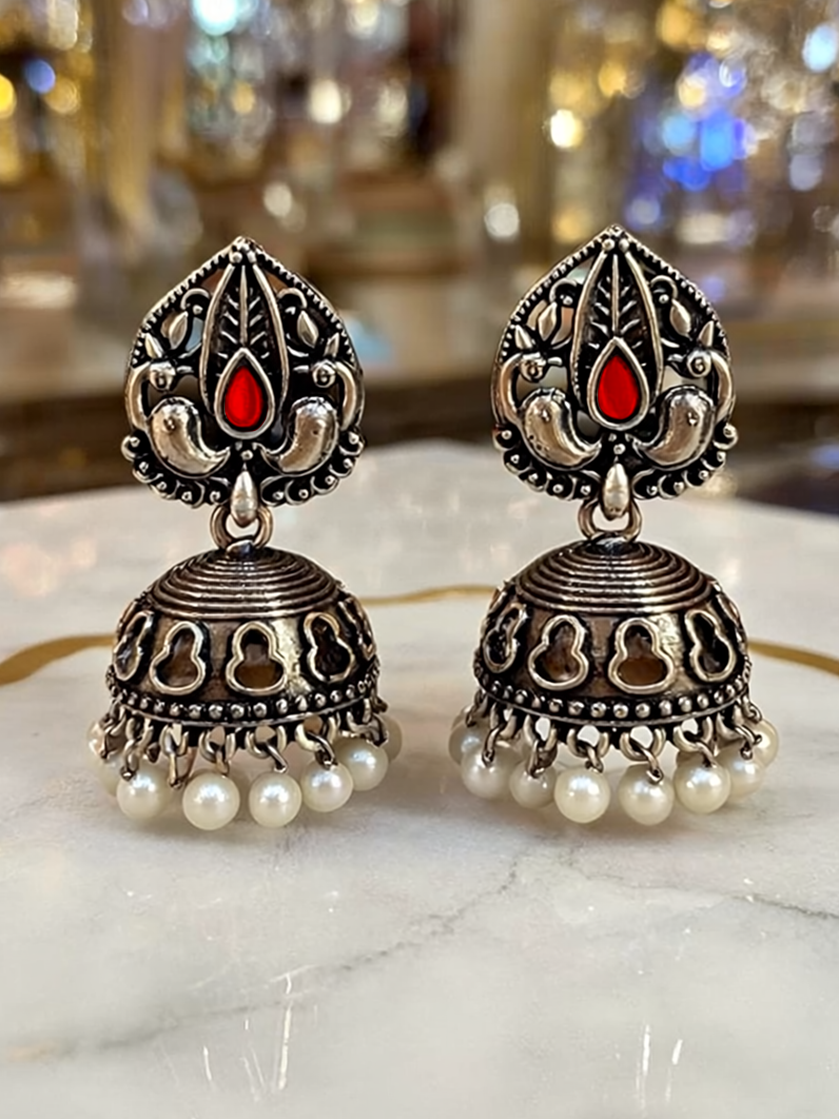 Oxidised Jhumka Earrings with Red Stone & Pearl Drops | Antique Silver Look