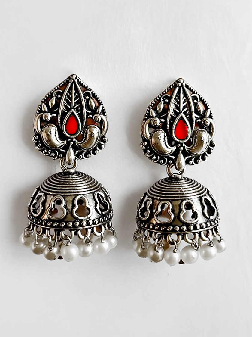 Oxidised Jhumka Earrings with Red Stone & Pearl Drops | Antique Silver Look