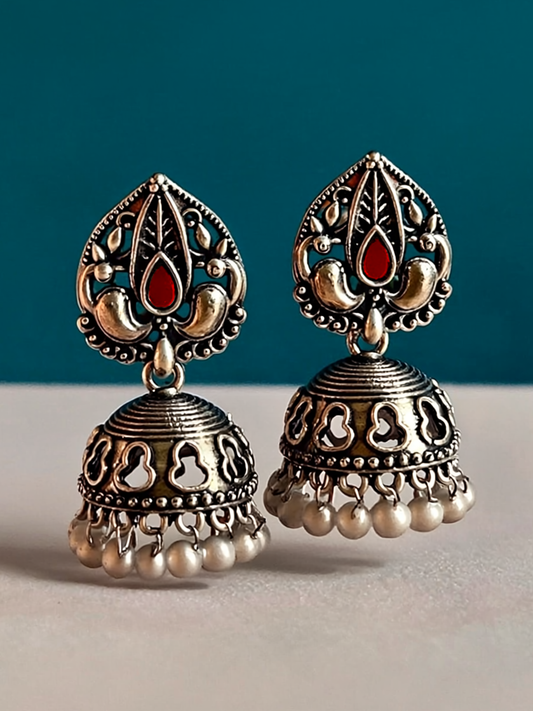 Oxidised Jhumka Earrings with Red Stone & Pearl Drops | Antique Silver Look