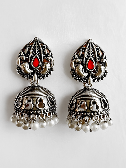 Oxidised Jhumka Earrings with Red Stone & Pearl Drops | Antique Silver Look