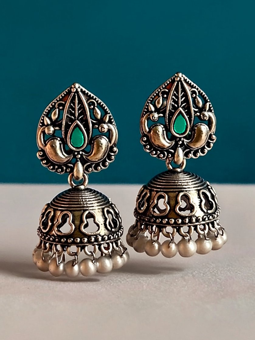 Oxidised Jhumka Earrings with Green Stone & Pearl Drops | Antique Silver Look