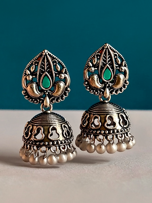 Oxidised Jhumka Earrings with Green Stone & Pearl Drops | Antique Silver Look