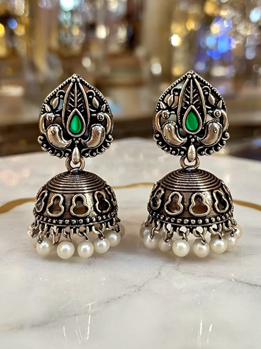 Oxidised Jhumka Earrings with Green Stone & Pearl Drops | Antique Silver Look