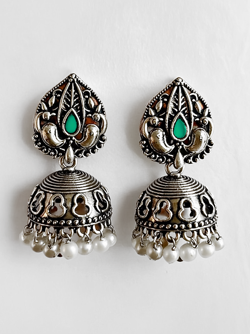 Oxidised Jhumka Earrings with Green Stone & Pearl Drops | Antique Silver Look