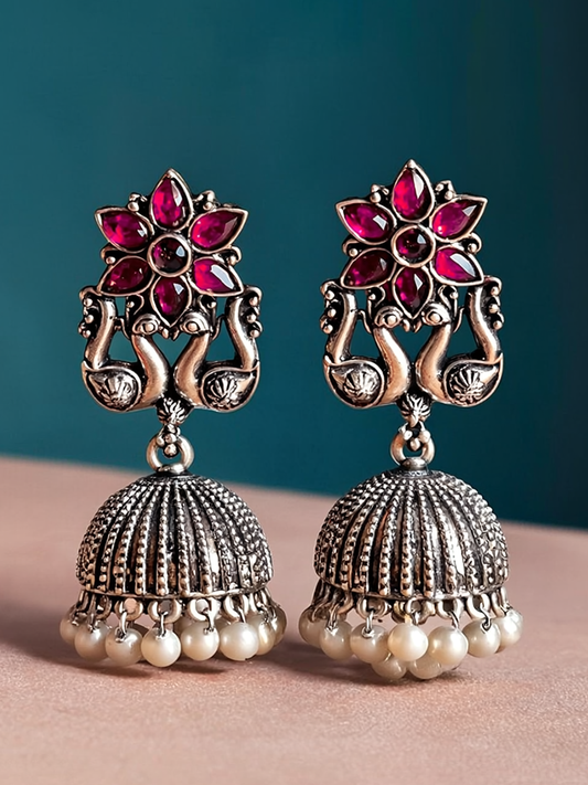 Oxidised Jhumka Earrings with Pink Stone & Pearl Drops | Antique Silver Finish