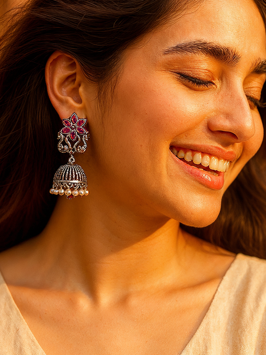 Oxidised Jhumka Earrings with Pink Stone & Pearl Drops | Antique Silver Finish