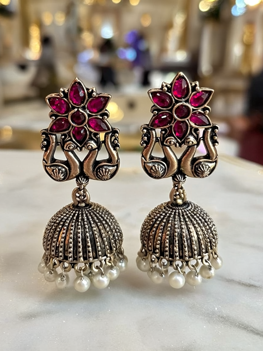 Oxidised Jhumka Earrings with Pink Stone & Pearl Drops | Antique Silver Finish