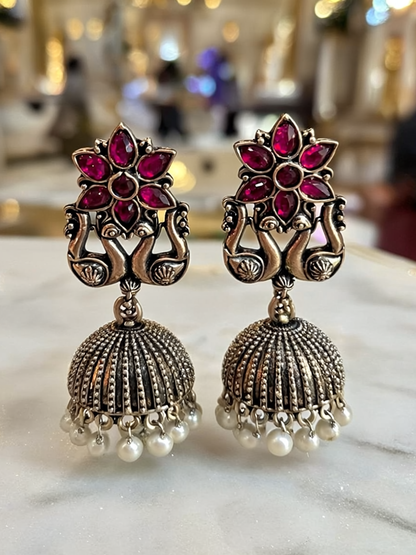 Oxidised Jhumka Earrings with Pink Stone & Pearl Drops | Antique Silver Finish