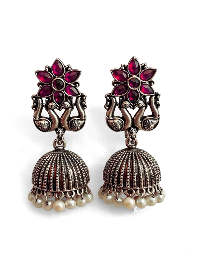 Oxidised Jhumka Earrings with Pink Stone & Pearl Drops | Antique Silver Finish