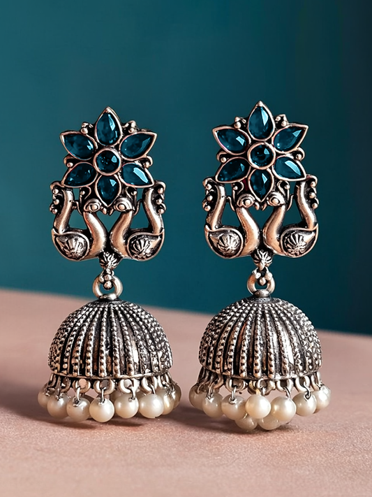 Oxidised Jhumka Earrings with Blue Stone & Pearl Drops | Antique Silver Finish