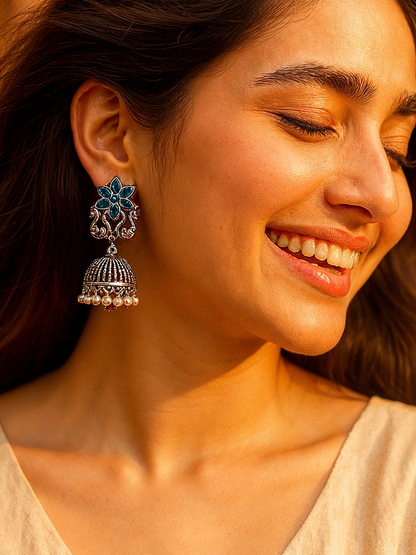 Oxidised Jhumka Earrings with Blue Stone & Pearl Drops | Antique Silver Finish