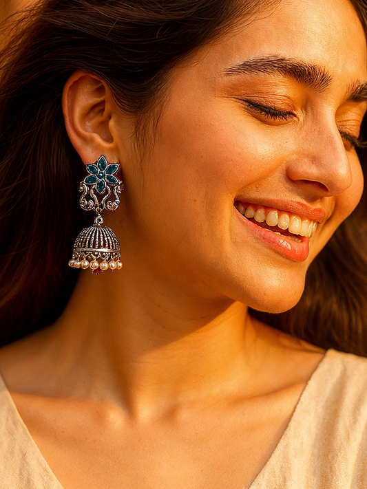 Oxidised Jhumka Earrings with Blue Stone & Pearl Drops | Antique Silver Finish