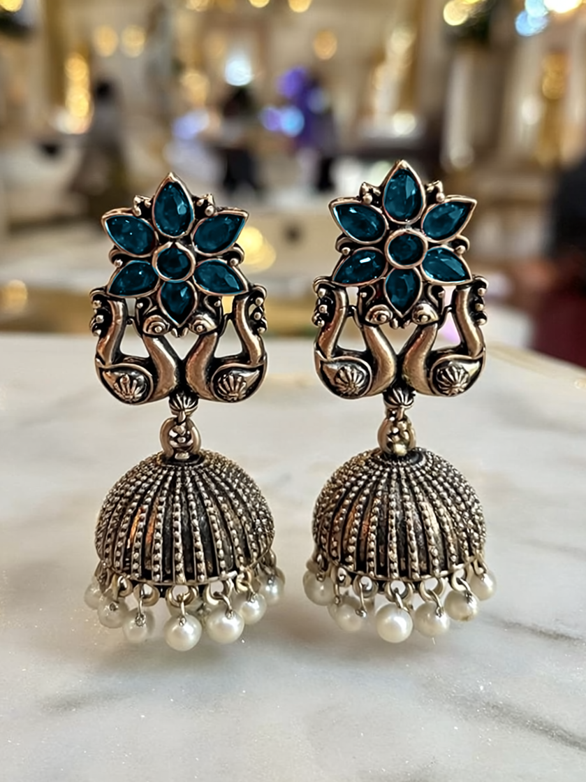 Oxidised Jhumka Earrings with Blue Stone & Pearl Drops | Antique Silver Finish
