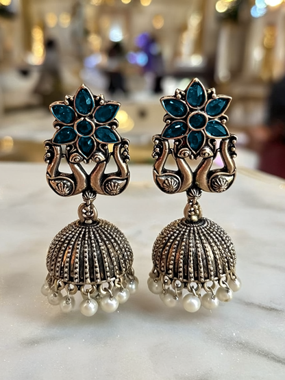Oxidised Jhumka Earrings with Blue Stone & Pearl Drops | Antique Silver Finish