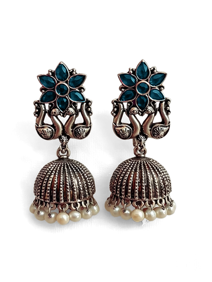 Oxidised Jhumka Earrings with Blue Stone & Pearl Drops | Antique Silver Finish