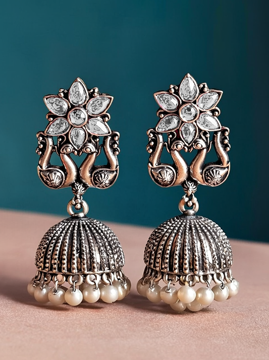 Oxidised Jhumka Earrings with White Stone & Pearl Drops | Antique Silver Finish
