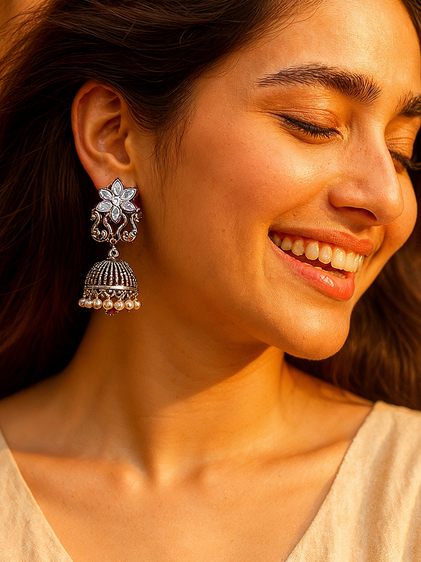 Oxidised Jhumka Earrings with White Stone & Pearl Drops | Antique Silver Finish