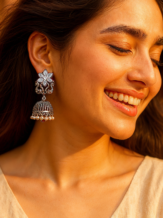 Oxidised Jhumka Earrings with White Stone & Pearl Drops | Antique Silver Finish