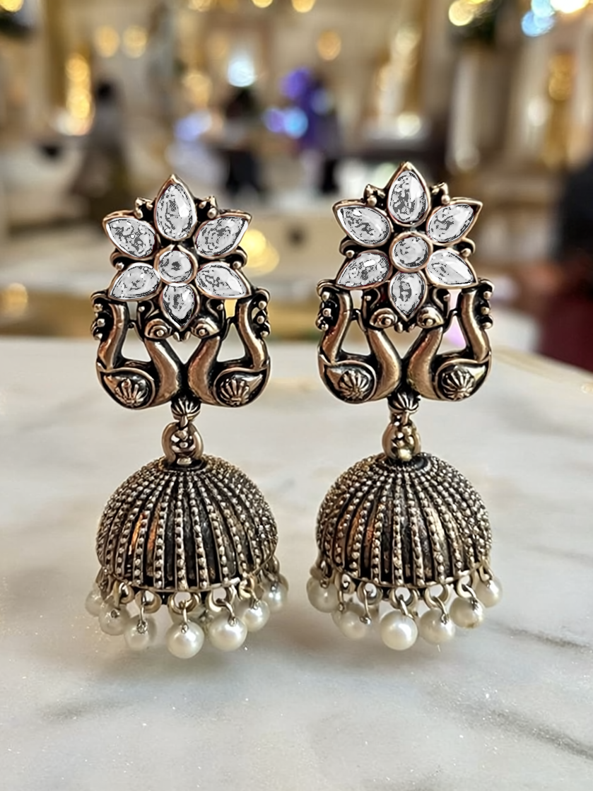 Oxidised Jhumka Earrings with White Stone & Pearl Drops | Antique Silver Finish