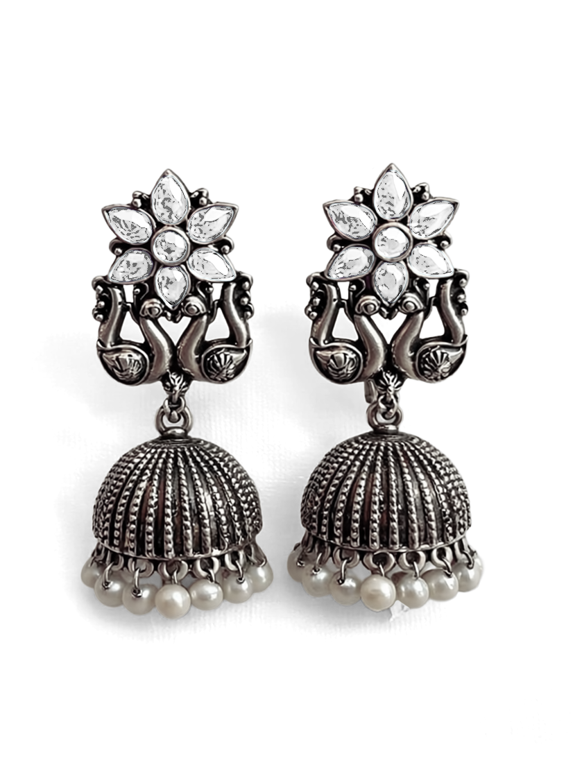 Oxidised Jhumka Earrings with White Stone & Pearl Drops | Antique Silver Finish