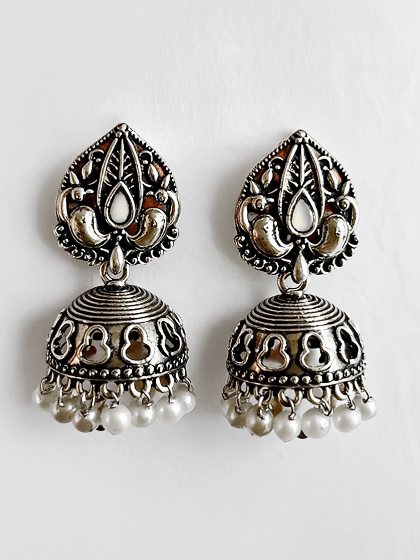 Oxidised Jhumka Earrings with Pearl Drops | Antique Silver Finish